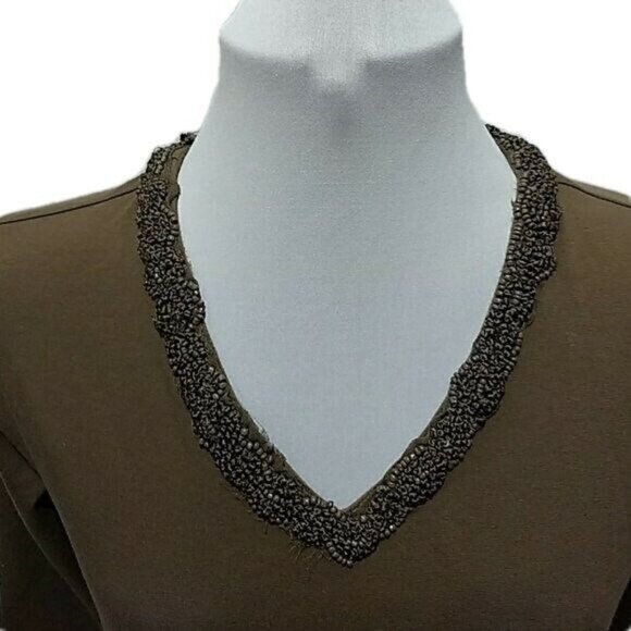 Kate Hill T Shirt Womens Small Petite Beaded V-Neck Top Quarter Sleeves Brown - Picture 1 of 5